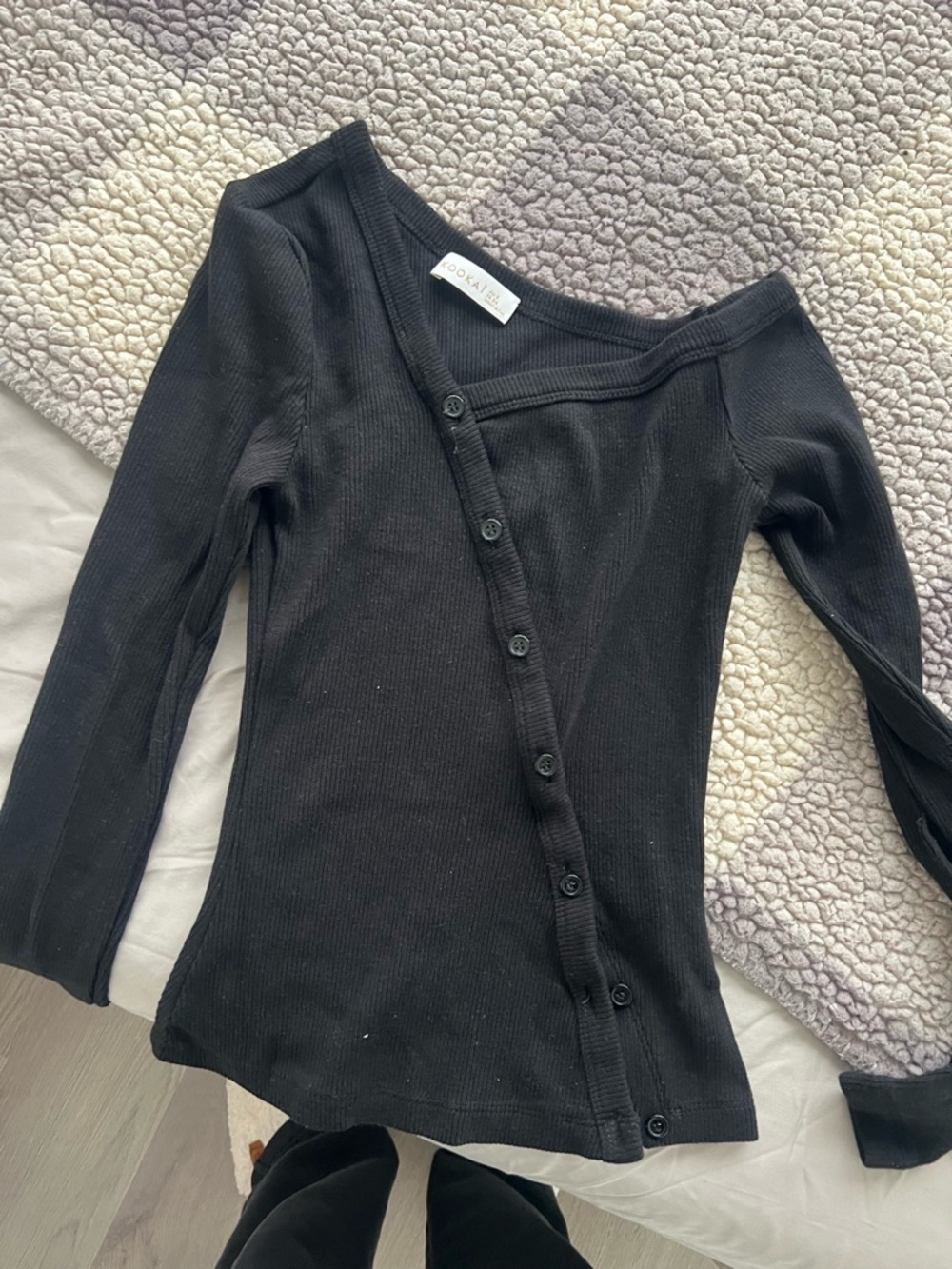 Kookai Black Asymmetrical Button-Front Ribbed Top